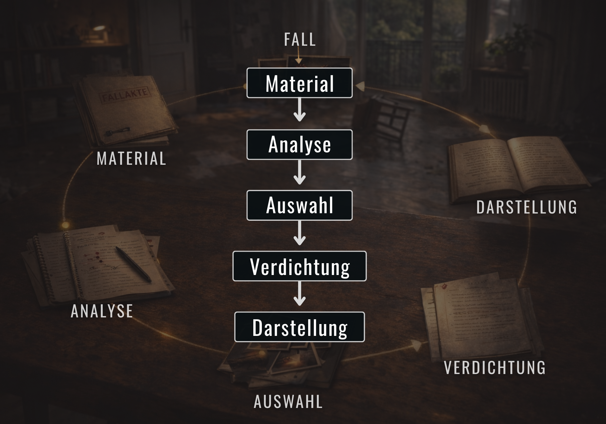 Analysekreislauf eines Profilers: vom Fall über Material, Analyse, Auswahl und Verdichtung zur Darstellung