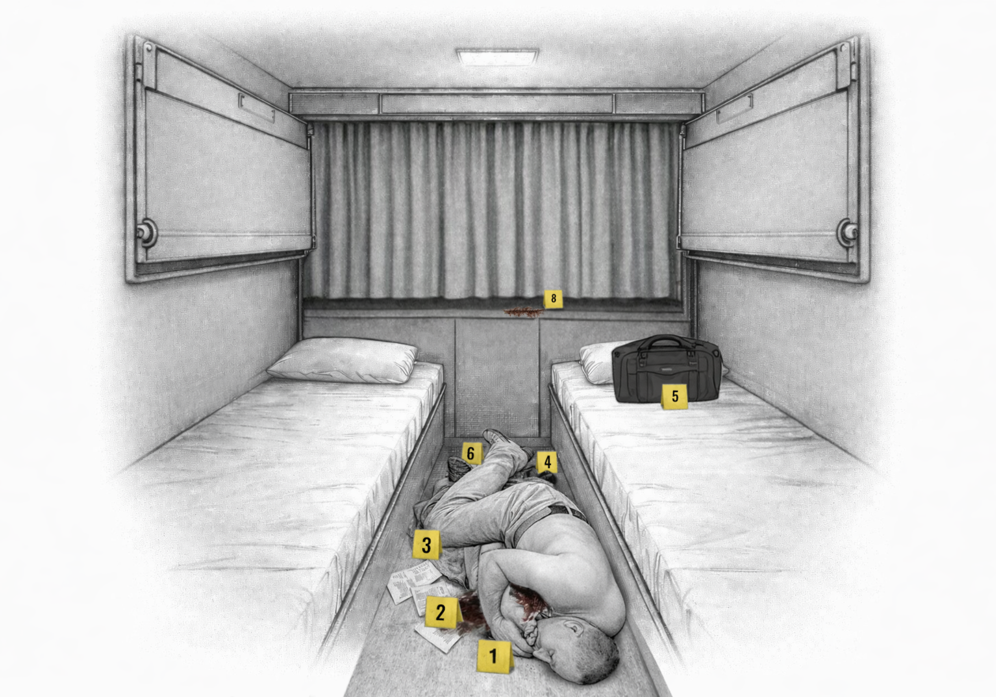 Rekonstruktion des Liegewagenabteils zum Zeitpunkt der Auffindesituation