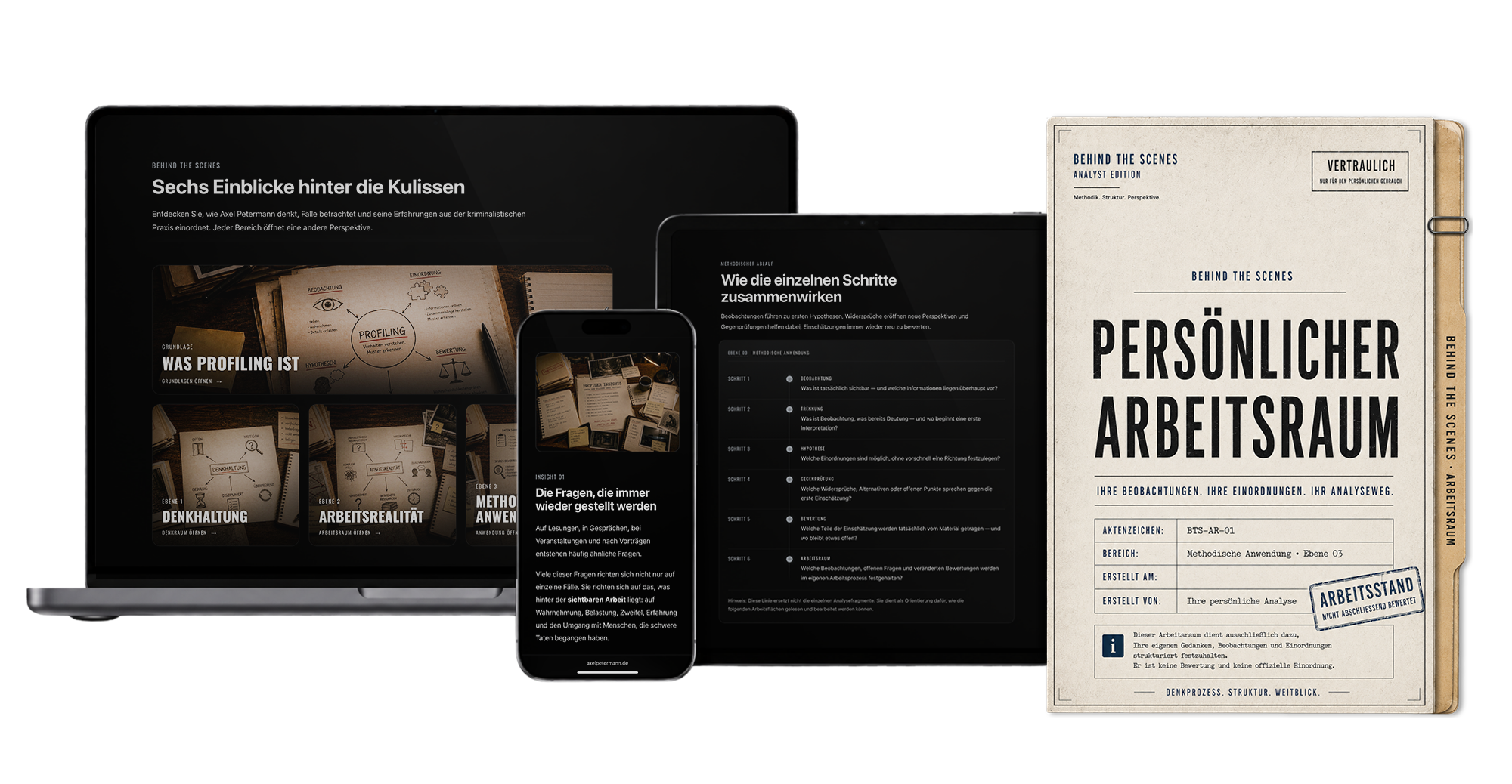 Behind the Scenes Analyst Edition auf Laptop, Tablet und Smartphone mit persönlichem Arbeitsraum