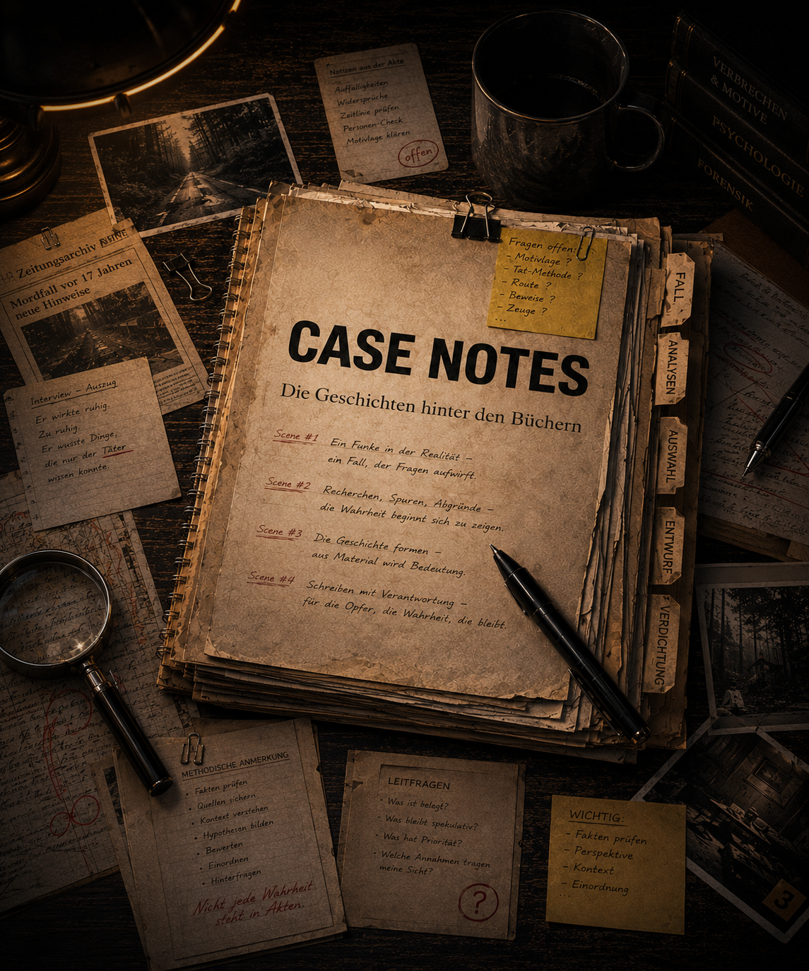 Case Notes mit Buchmanuskript, Fallmaterial, Fotografien, Notizen und Einblicken in die Entstehung von Axel Petermanns Büchern