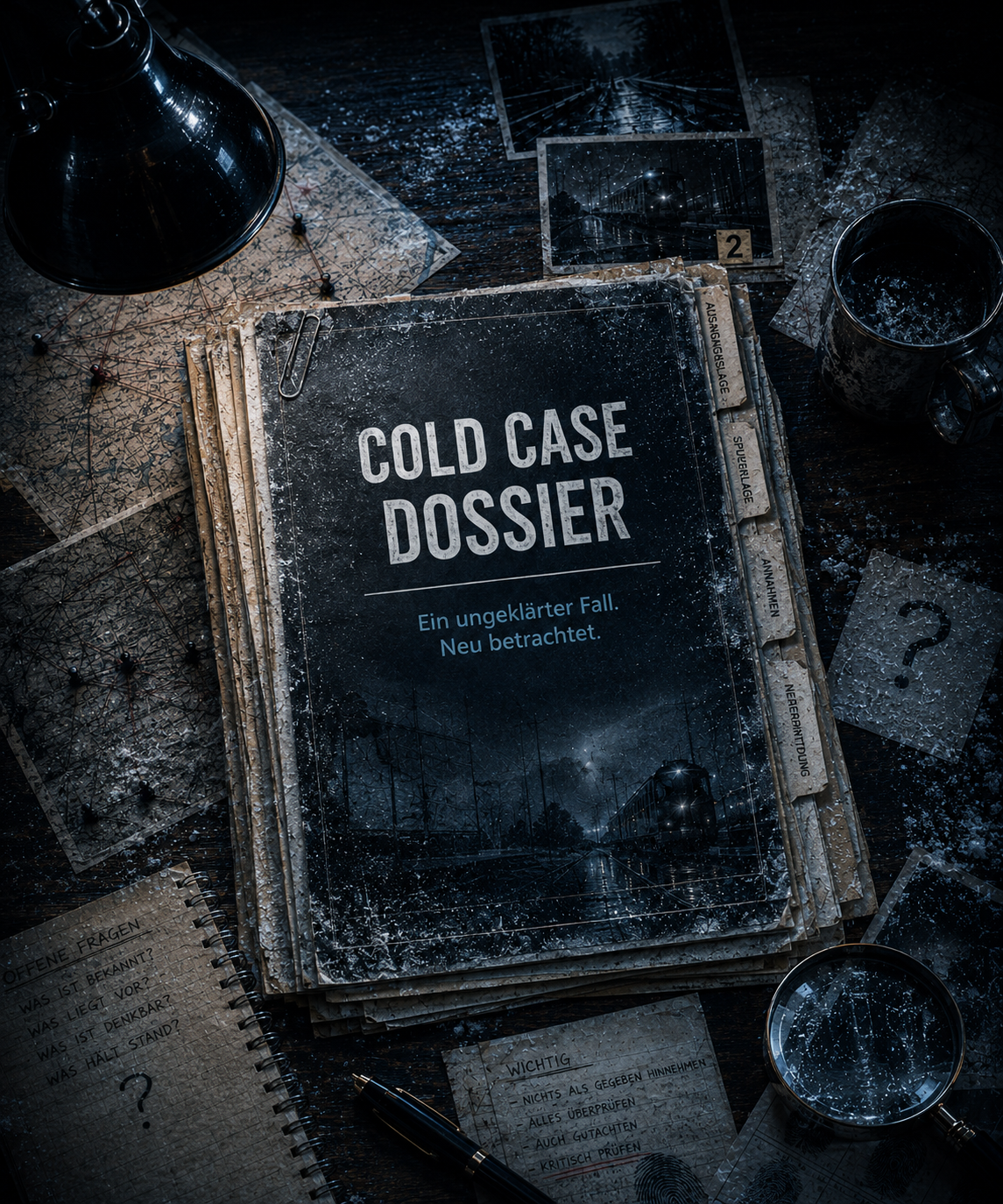 Cold Case Dossier mit ungeklärter Fallakte, Spurenübersicht, Fotografien, Karte, Lupe und offenen Fragen