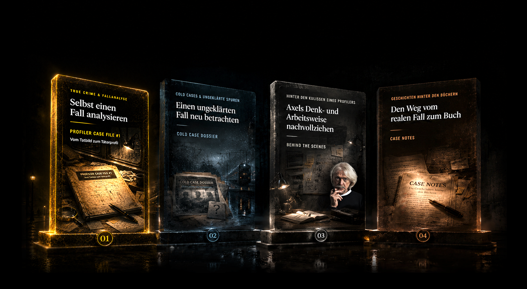 Vier digitale Arbeitsformate von Axel Petermann: Profiler Case File, Cold Case Dossier, Behind the Scenes und Case Notes