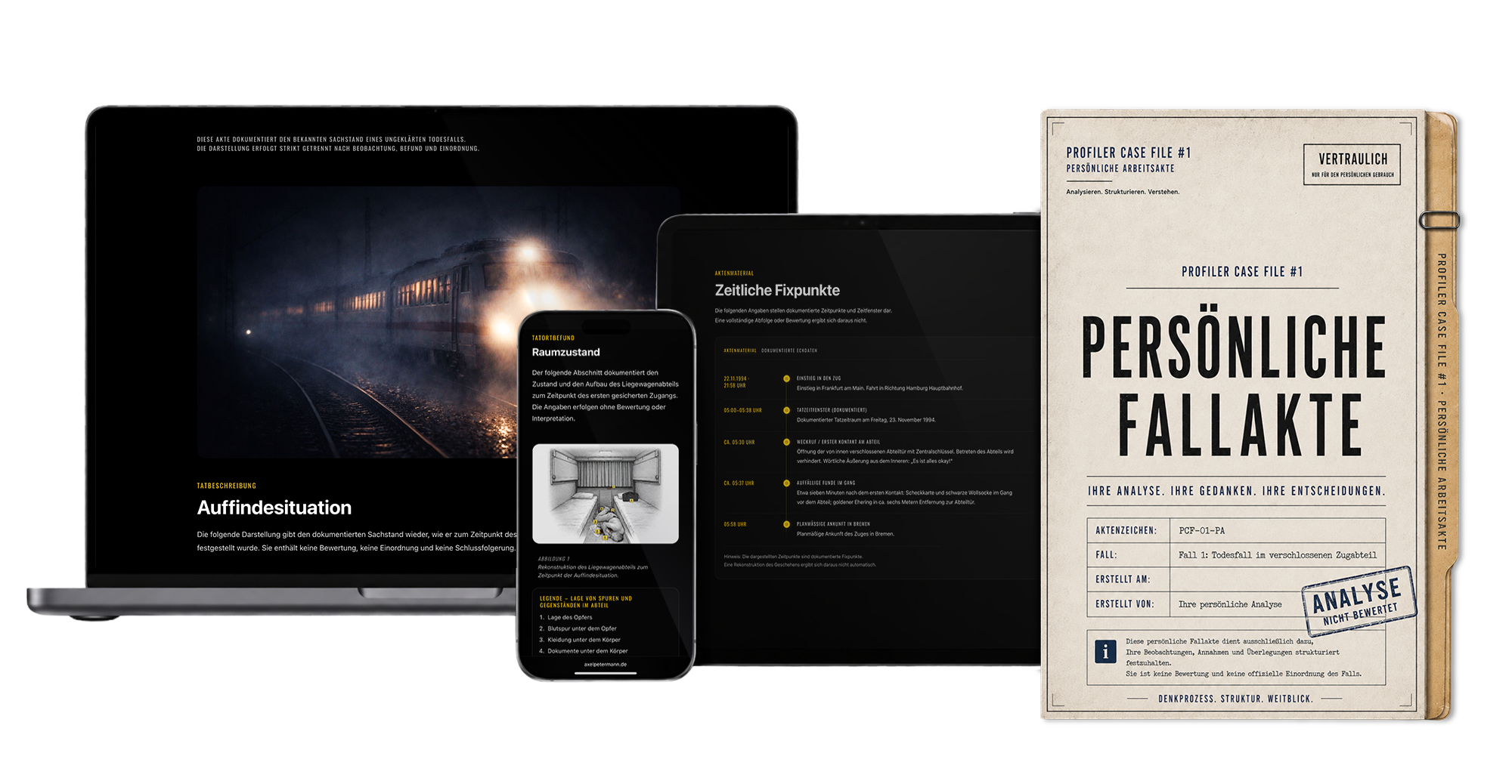 Profiler Case File Nummer 1 auf Laptop, Tablet und Smartphone mit persönlicher Fallakte