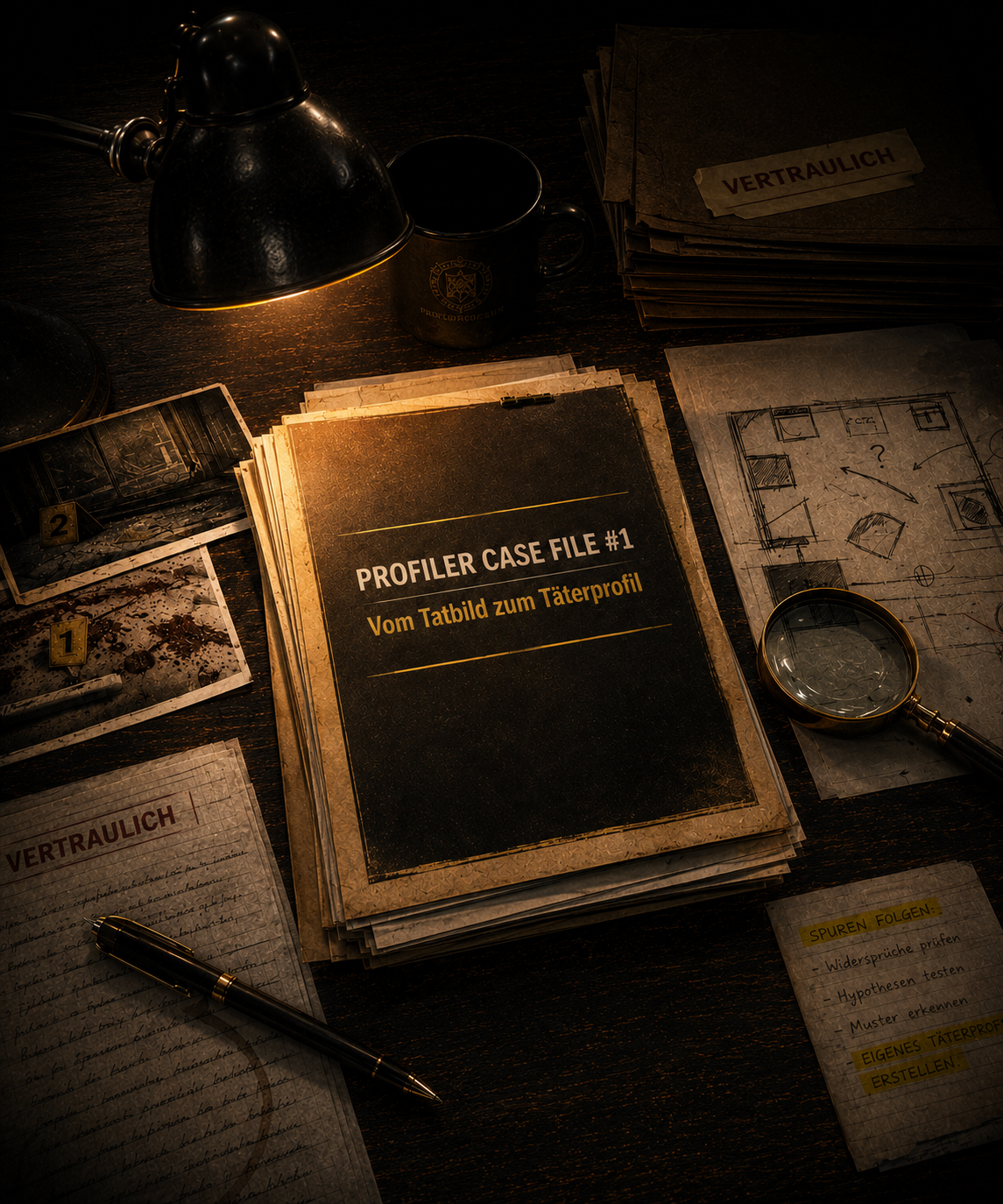 Profiler Case File mit digitaler Fallakte, Tatortskizze, Fotografien, Lupe und Notizen