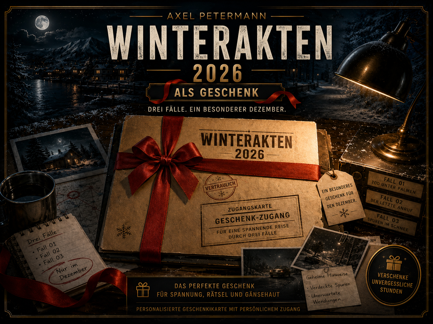 Winterakten 2026 als Geschenk – personalisierte Geschenkkarte für drei spannende Fälle